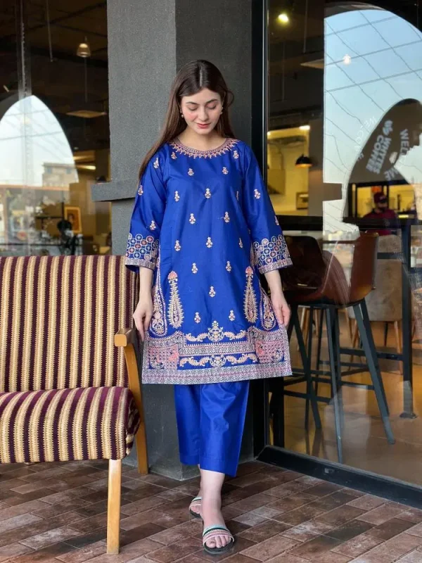 2 Pcs Women's Stitched Cotton Embroidered Shirt And Trouser Blue - Image 2