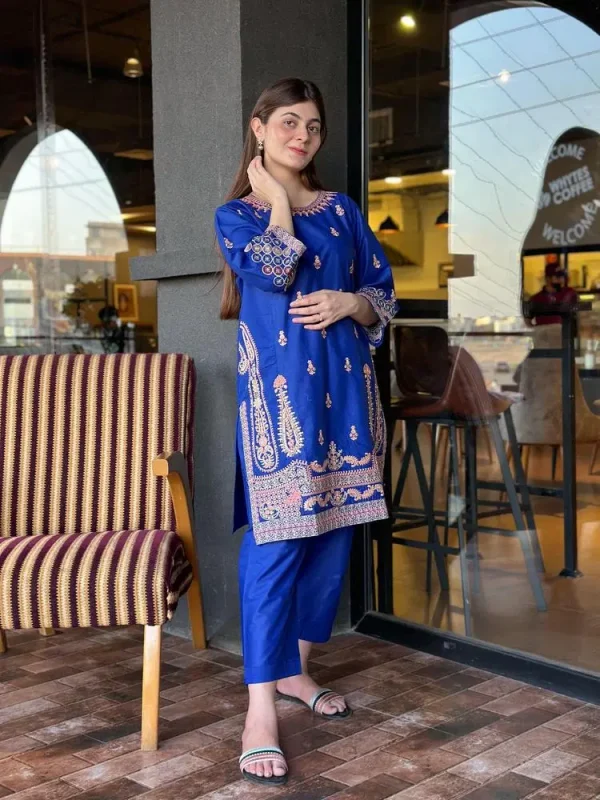 2 Pcs Women's Stitched Cotton Embroidered Shirt And Trouser Blue