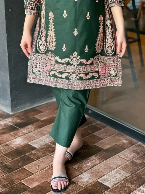 2 Pcs Women's Stitched Cotton Embroidered Shirt And Trouser Green - Image 3