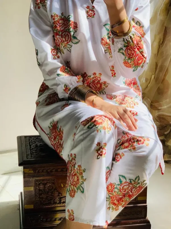 2 Pcs Women's Stitched Linen Printed Shirt And Trouser White - Image 3