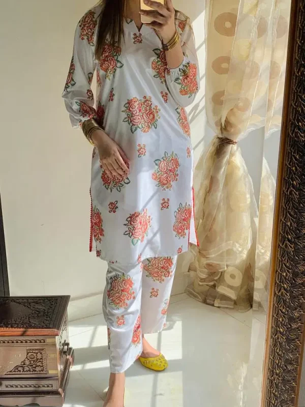 2 Pcs Women's Stitched Linen Printed Shirt And Trouser White