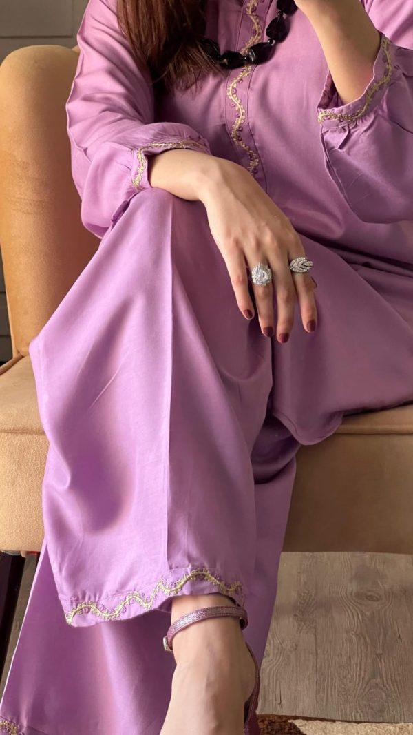 2 Piece Women’s Stitched Arabic Linen Plain Purple - Image 3