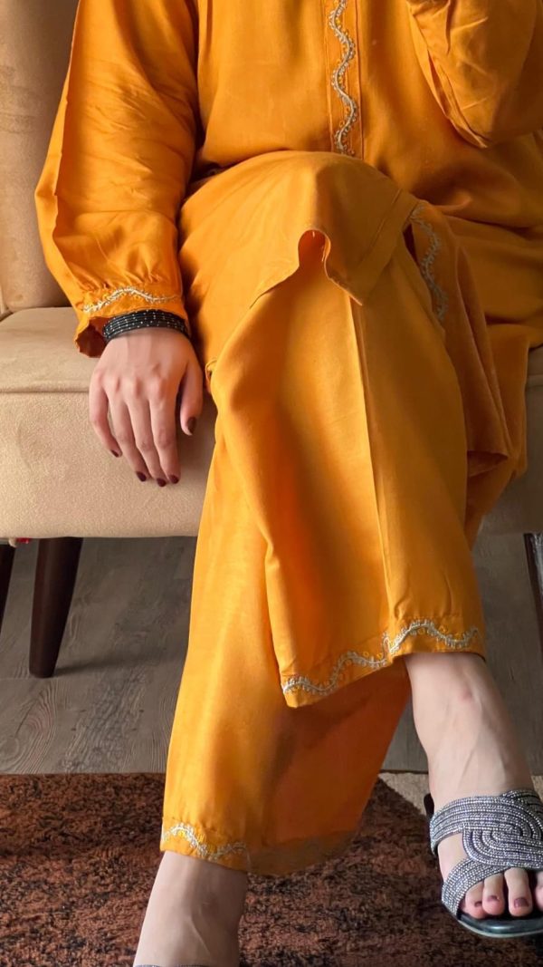 2 Piece Women’s Stitched Arabic Linen Plain Yellow Color - Image 3