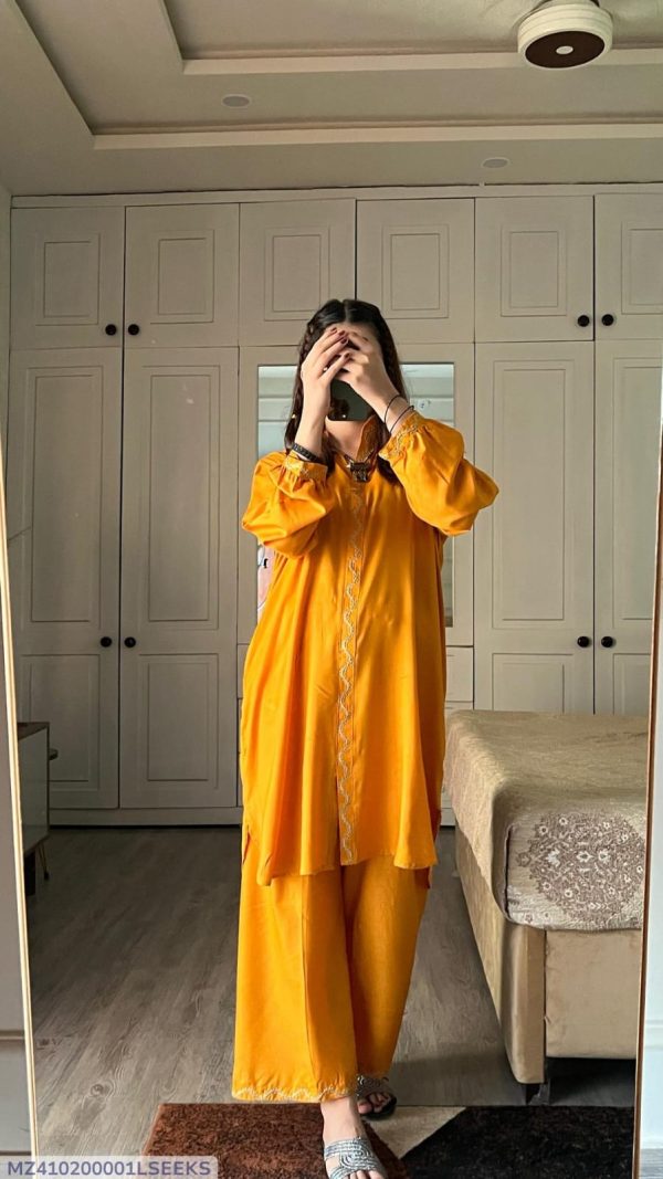 2 Piece Women’s Stitched Arabic Linen Plain Yellow Color