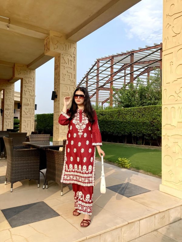 2 Piece Women’s Stitched Linen Chikankari Embroidered Red