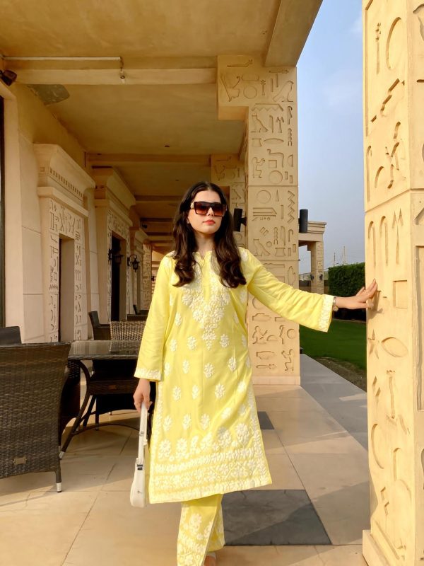 2 Piece Women's Stitched Linen Chikankari Embroidered Yellow