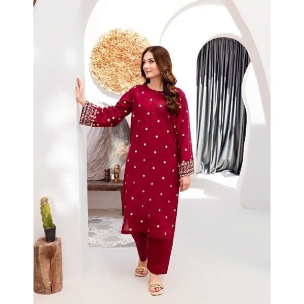 2 Pcs Women's Unstitched Red Embroidered Suit - Image 2