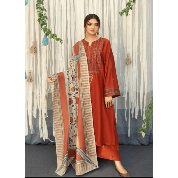 3 Pcs Unstitched Linen Embroidered Suit zb-64