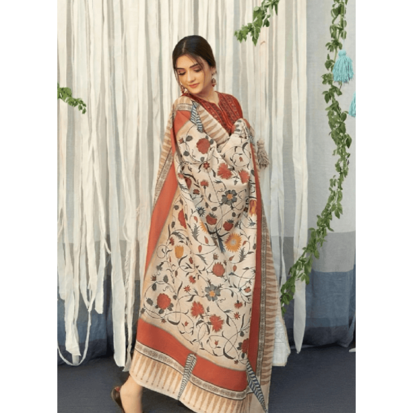 3 Pcs Unstitched Linen Embroidered Suit zb-64 - Image 2